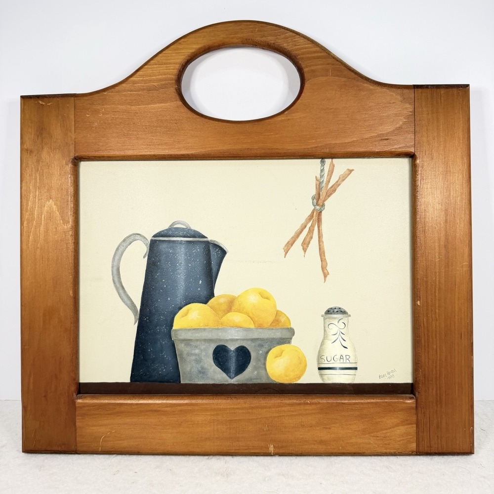 Vintage Folk Art Painting Lemons Country Kitchen Wood Frame Signed 1988